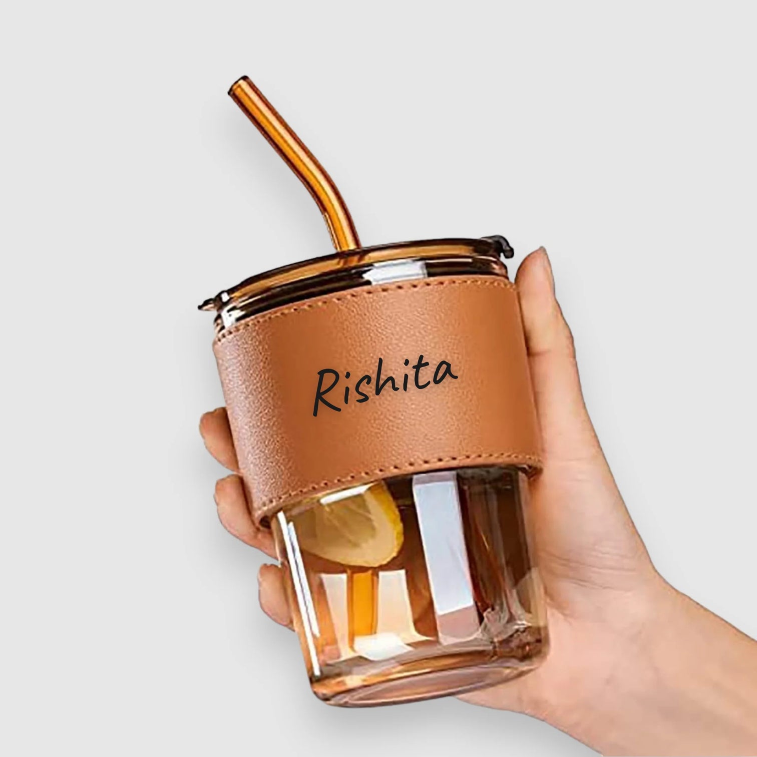 Personalized Bliss — 400 ml Glass Tumbler with Leather Grip, Lid and Straw