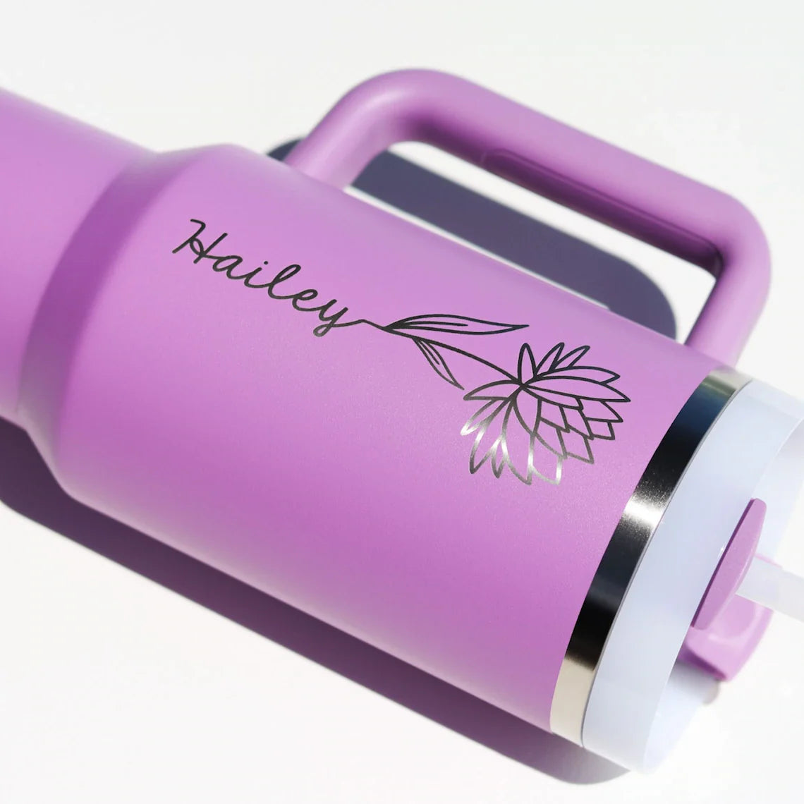 Birth Flower Personalized Tumbler With Straw, Lid and Handle | Ideal Personalized Gifts for Loved One