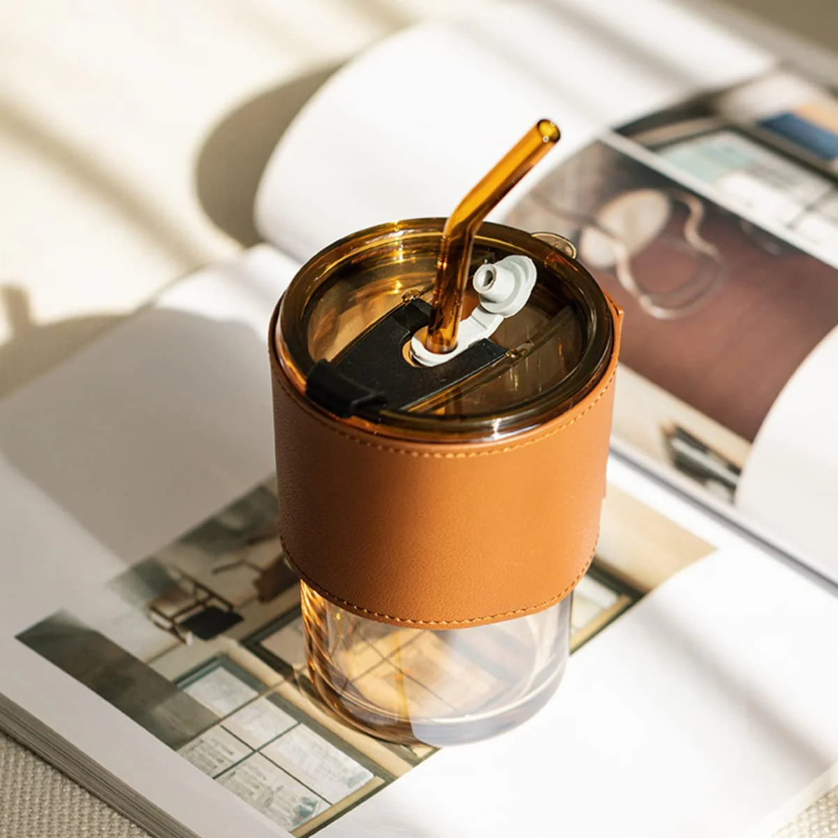 Personalized Bliss — 400 ml Glass Tumbler with Leather Grip, Lid and Straw