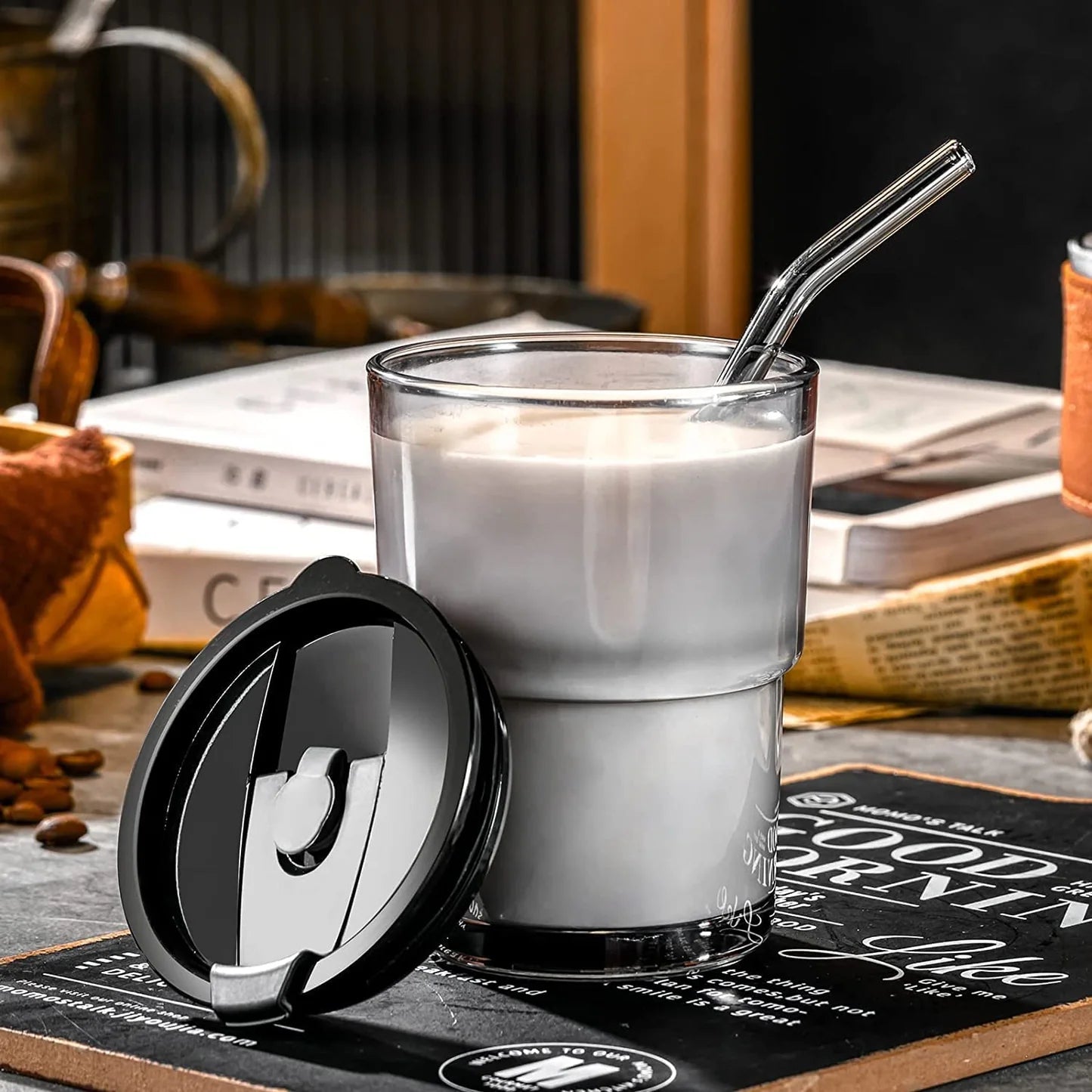 Personalized Bliss — 400 ml Glass Tumbler with Leather Grip, Lid and Straw