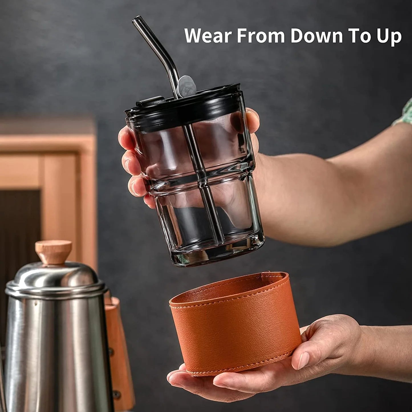 Personalized Bliss — 400 ml Glass Tumbler with Leather Grip, Lid and Straw